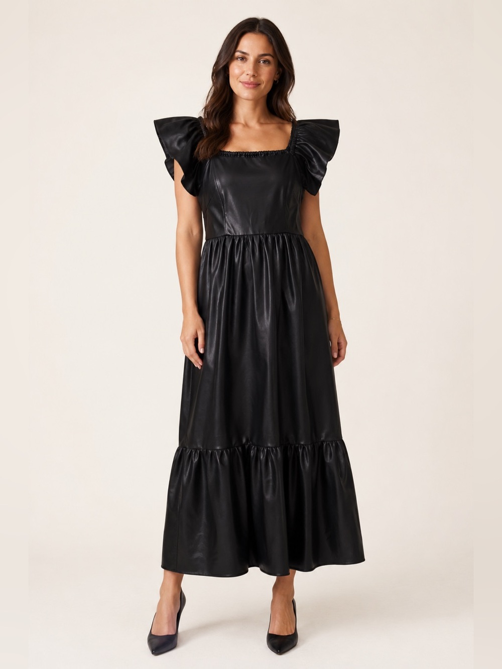 NEW OLIVIA JAMES The Label Brooke Faux Leather Flutter Sleeve Tiered Midi Dress